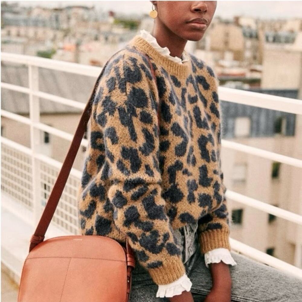 Sézane Brown Blue Leopard Sweater  Cozy Animal Print Knit Designer French XS